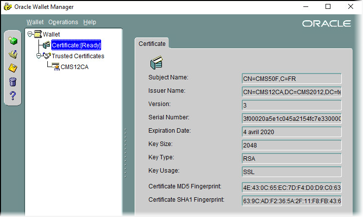 Oracle Wallet Manager tool with Certificate (Ready) subsection selected in the left panel and Certificate details displayed in the right panel